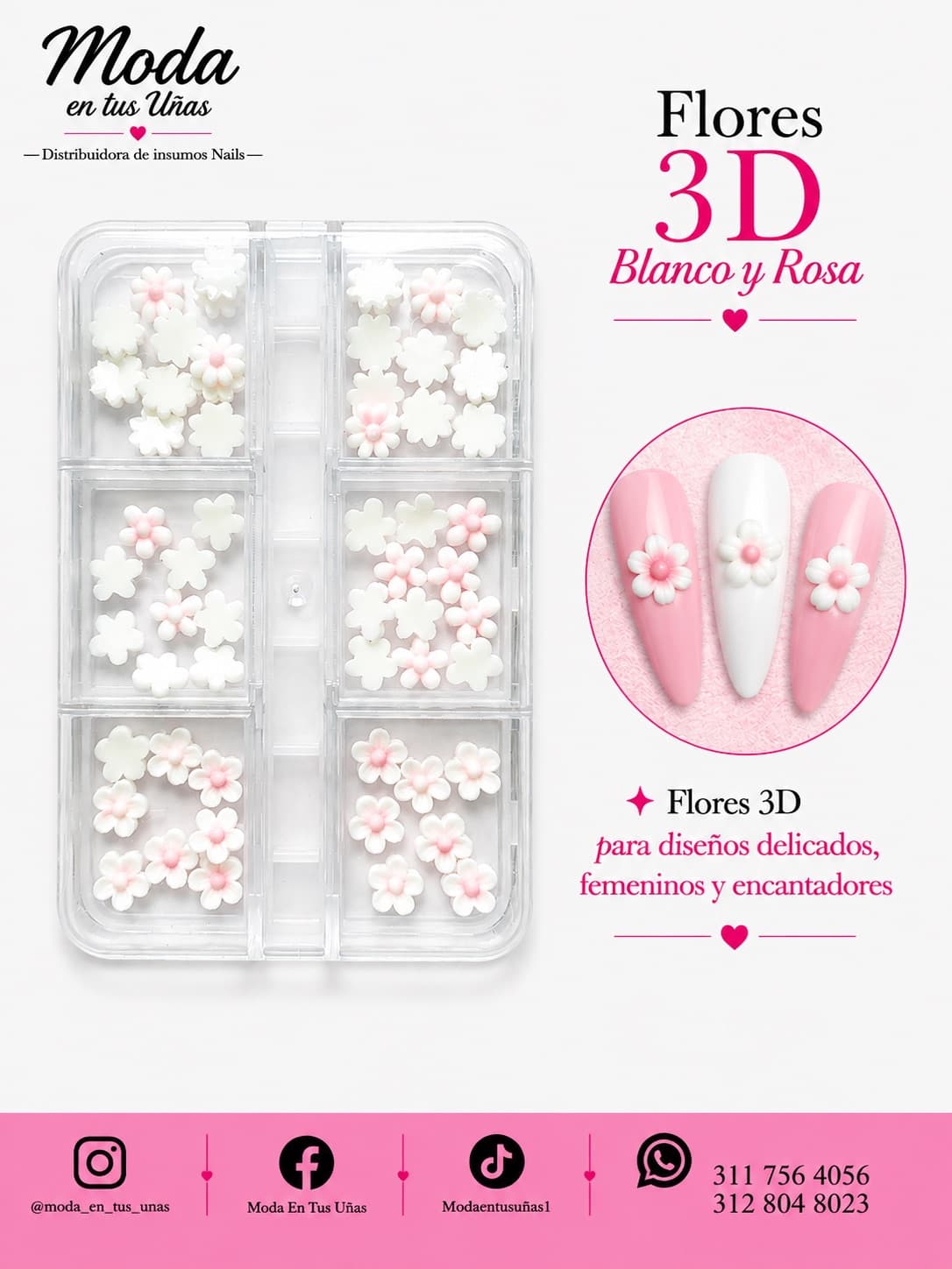 CAJA, FLORES 3D, BLANCO, ROSA